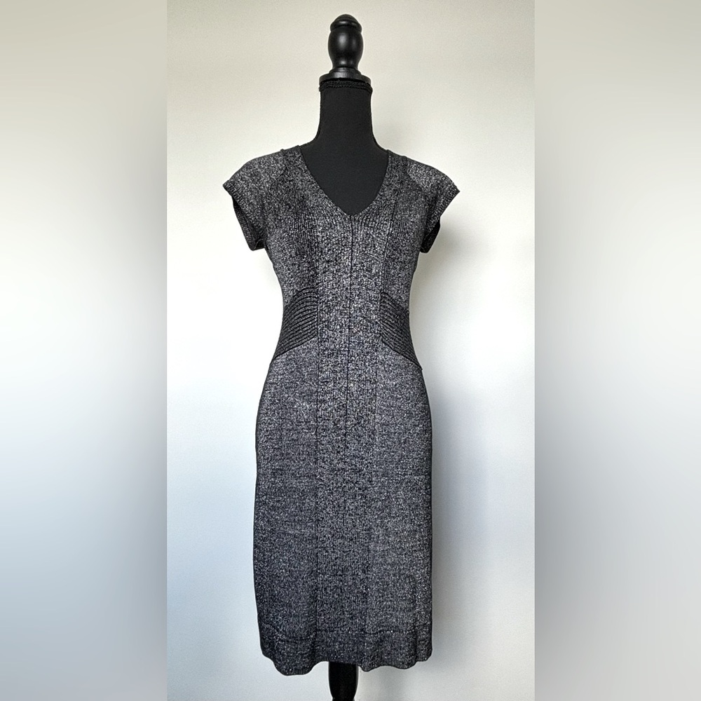 Kenar Women’s Metallic Stretch Knit V-Neck A-Line Dress Black Silver Shimmer S